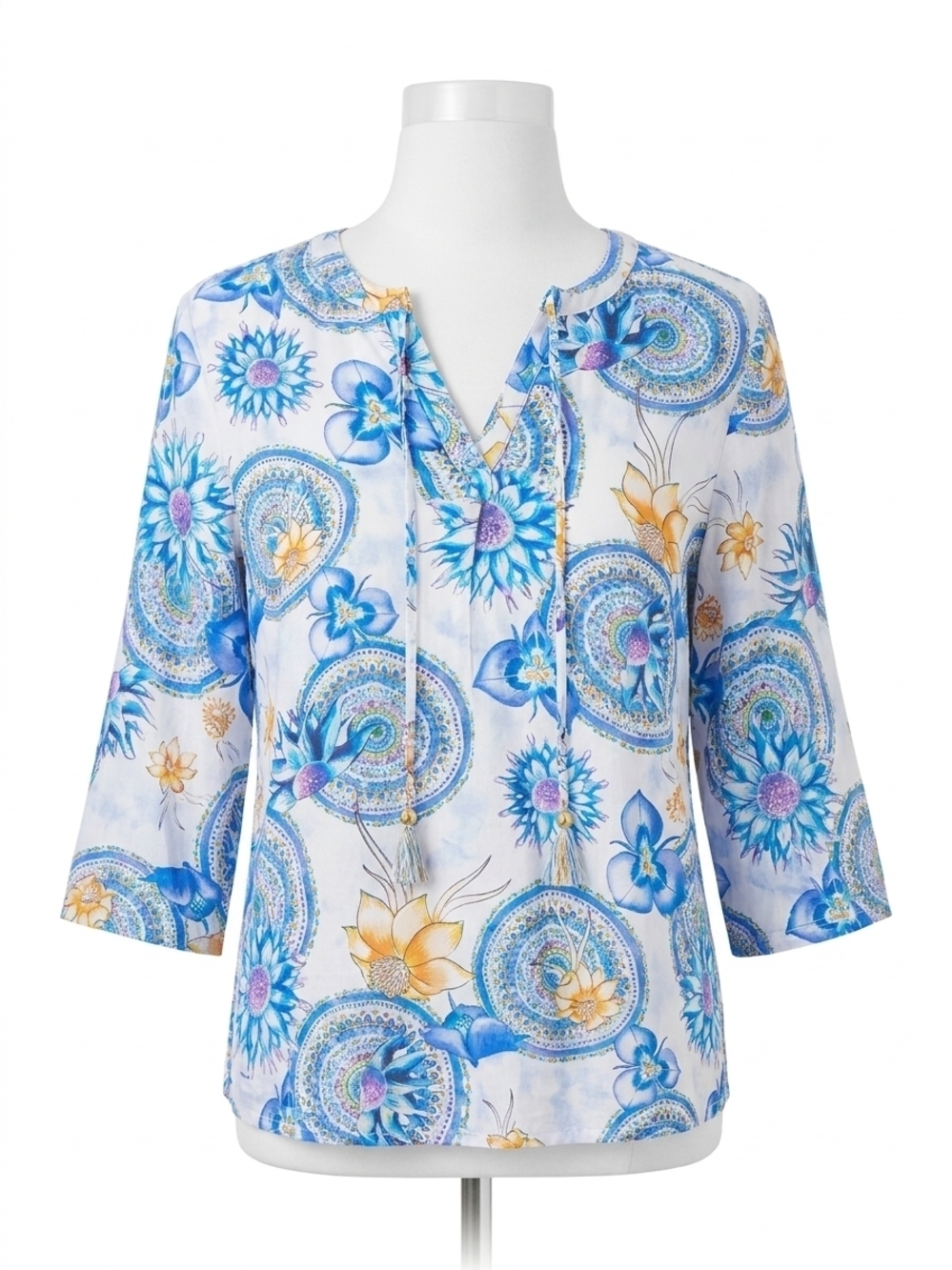NEW PAPARAZZI floral mandala notch neck 3/4 sleeve top in blue